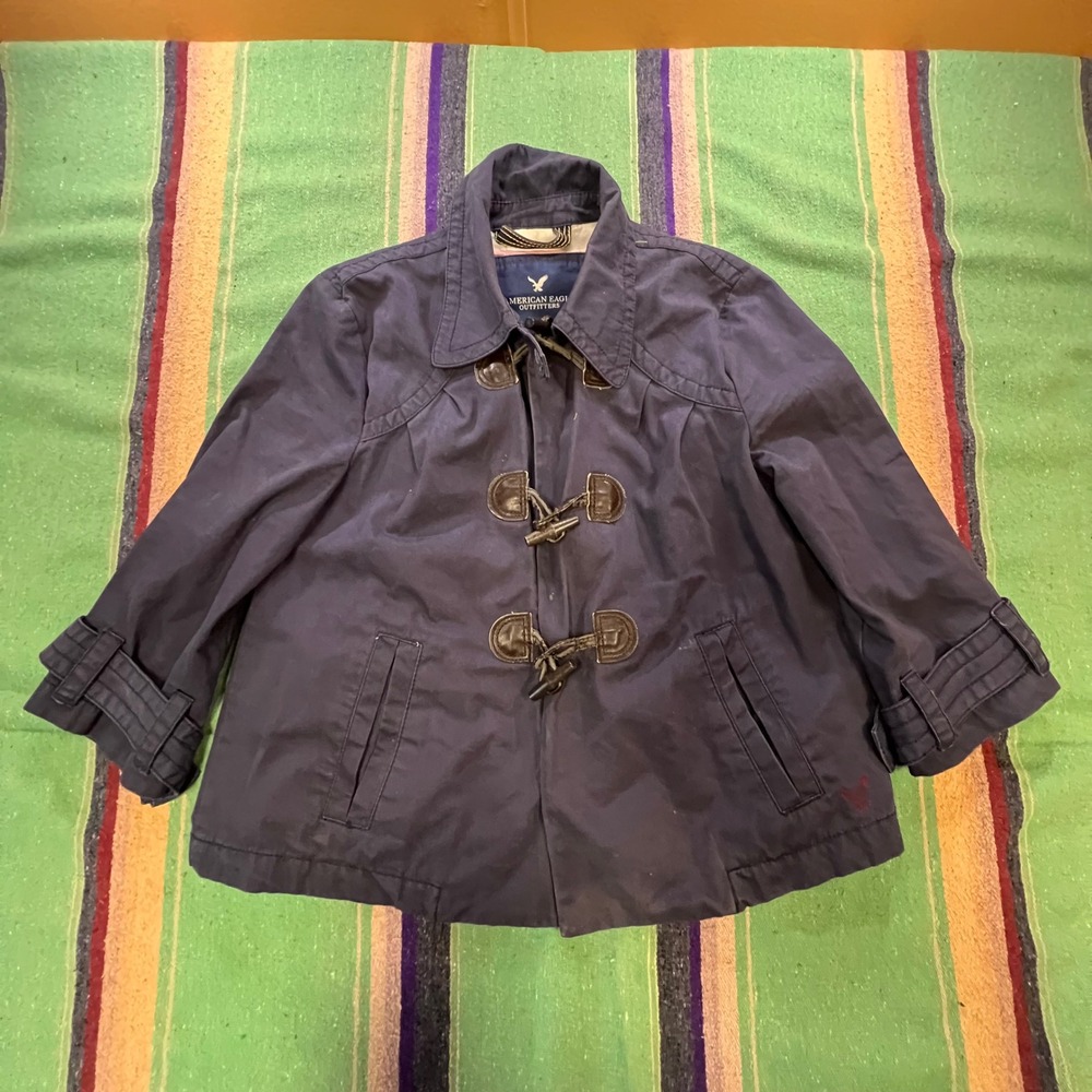 Y2K American Eagle Jacket Women Blue Cotton Toggle Cropped Swing Nautical Preppy